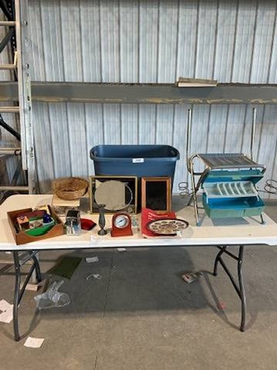 This Lot Contains a Small Time Clock, 2- Collectible Tea Bells, Wicker Basket Fishing Chair, and More