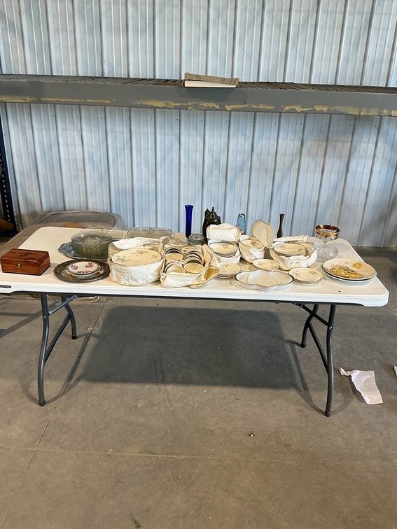 Homer Laughlin Plates, Oneida Silversmith Teapot and Teacups, Wooden Decorative Storage Box, Glass and Silver Plated Serving Dishes, Candle Holders, and More