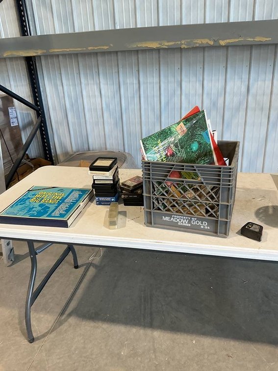 Crate Containing Vinyl Records, 8-Track Cartridges, and Cassette Tapes