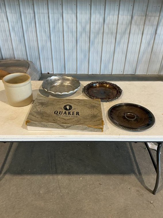 Quaker Lace Dinner Cloth, Unbranded Croc, Towle Silver Plate, Hammered Aluminum Bowl, and a Unbranded Silver Serving Plate