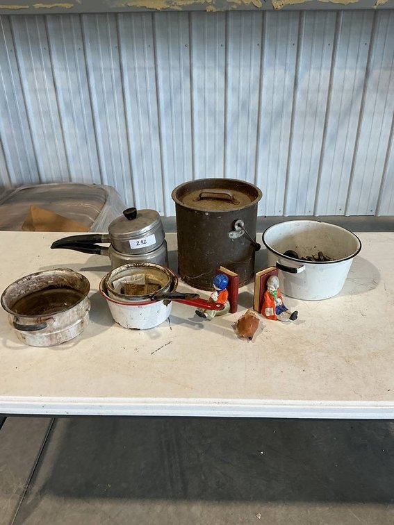 Assortment of Metal Pots and Pans, and Bookends