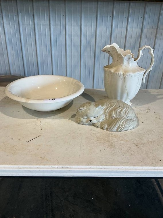 Vintage Semi-Porcelain Dresden Water Pitcher with Base and Decorative Ceramic Kitty
