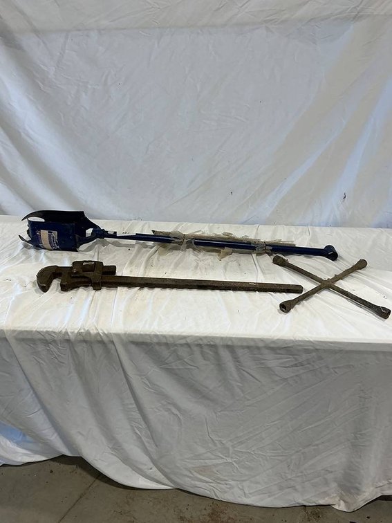 Tire Iron, Post Hole Digger, and a 36" Vintage Pipe Wrench