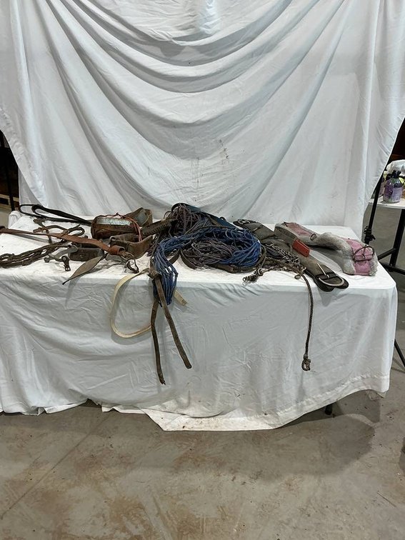 This lot contains Stirrups, Belly Girths, Hay Nets, and more Horse Accessories