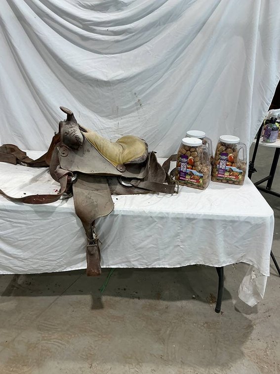Western Style Leather Horse Saddle and 3- Containers of Apple&Oat Flavored Horse Treats