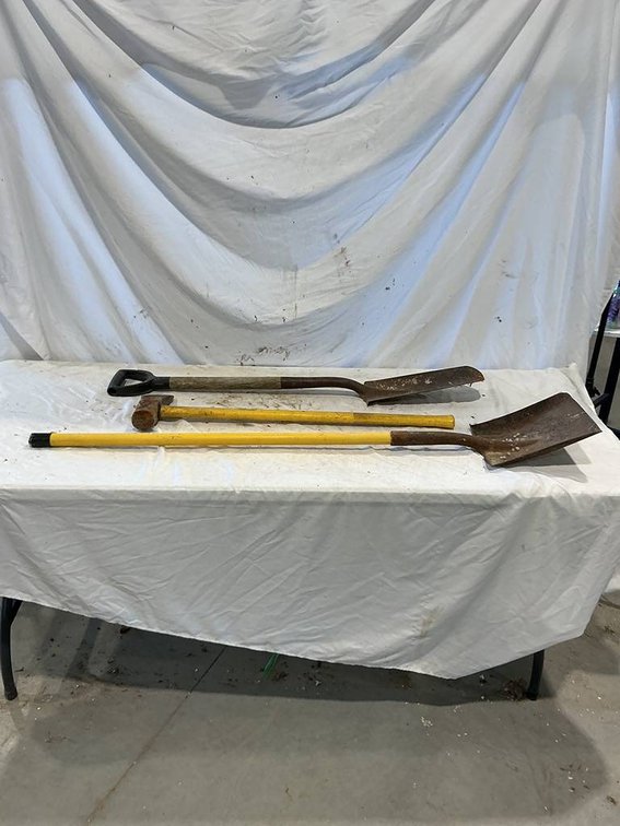 Tile Spade, Square Transfer Shovel, and a Axe