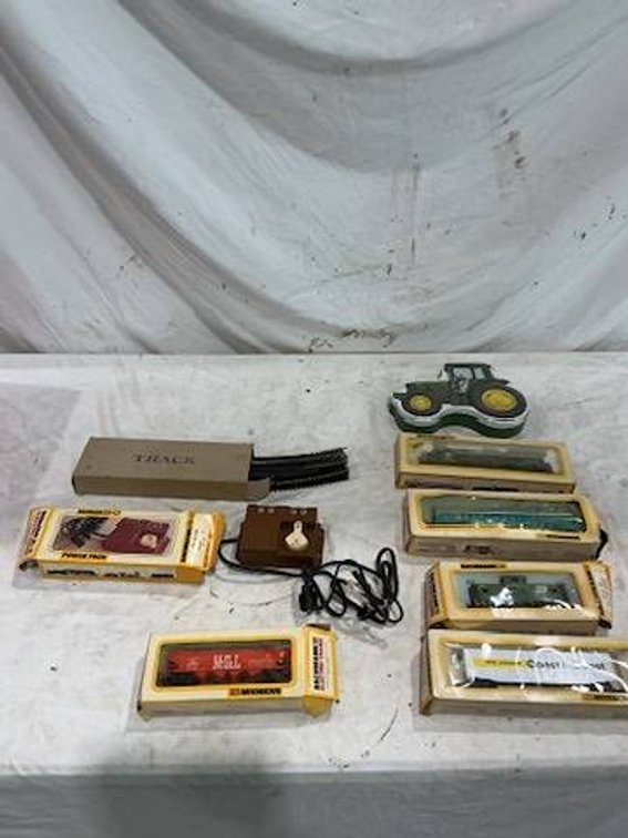 Bachman Electric Train Set, and a John Deere Tin Container