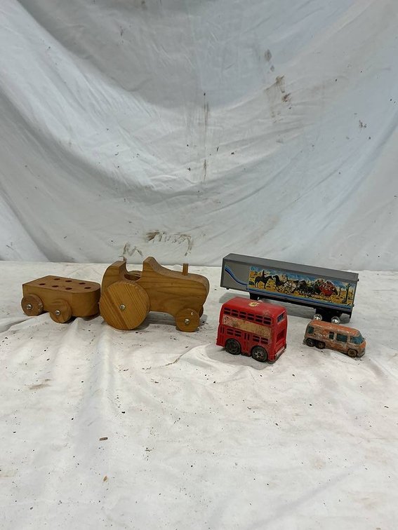 Wooden Tractor with Trailer, Die-Cast Vintage Hot-Wheels Van, Plastic 2-Tier Bus, and a Plastic Smokey And The Bandit Semi Trailer
