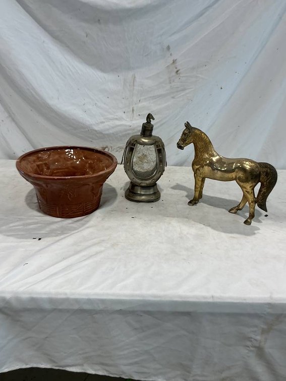 Vintage John Coiner Pottery Western-Style Pot, Brass Horse, and a Vintage Equestrian-Themed Musical Liquor Decanter