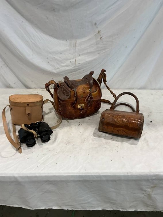 2- Western-Style Leather Purses, and a Set of Binoculars in a Leather Hard-Cover Case