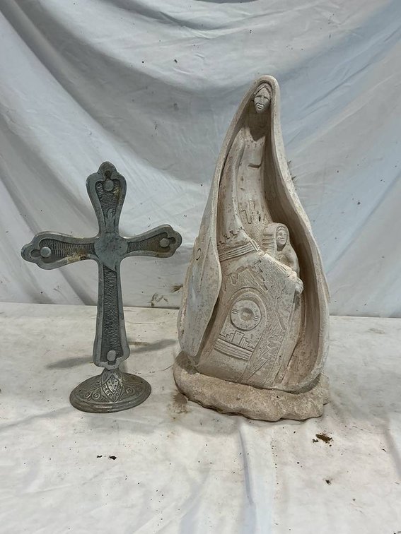 Vintage Austin Productions Acoma Indian Mother and Child Sculpture, and a Molded Aluminum Cross Sculpture