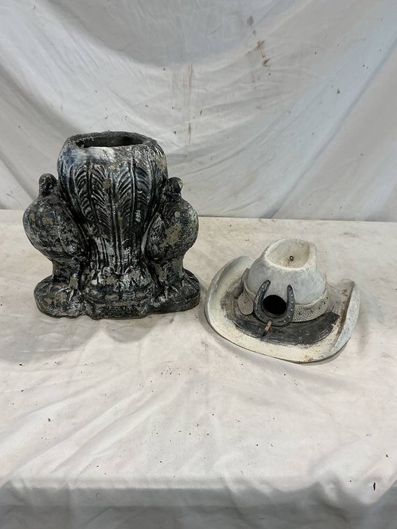 Plastic Cowboy Hat Birdhouse, and a Concrete Flower Pot