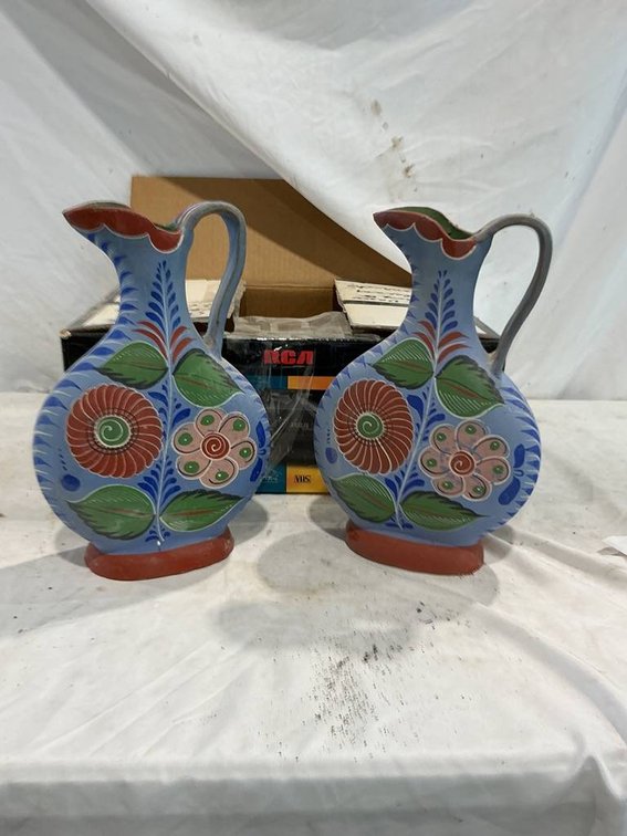 2- Vintage Mexican Tonalá Hand-Painted Clay Pottery Water Pitcher