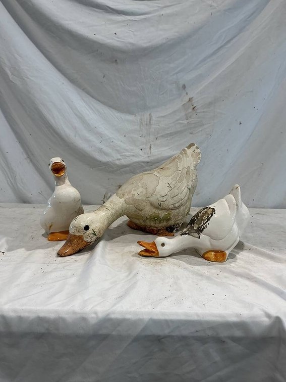 3- Vintage White Ceramic Duck and Goose Lawn Figurines