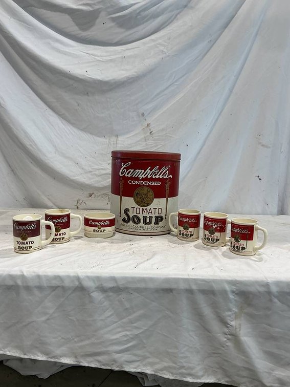 Vintage Campbells Soup Coffee Cup Collection along with a Party Pac. Campbells Soup Popcorn Bucket