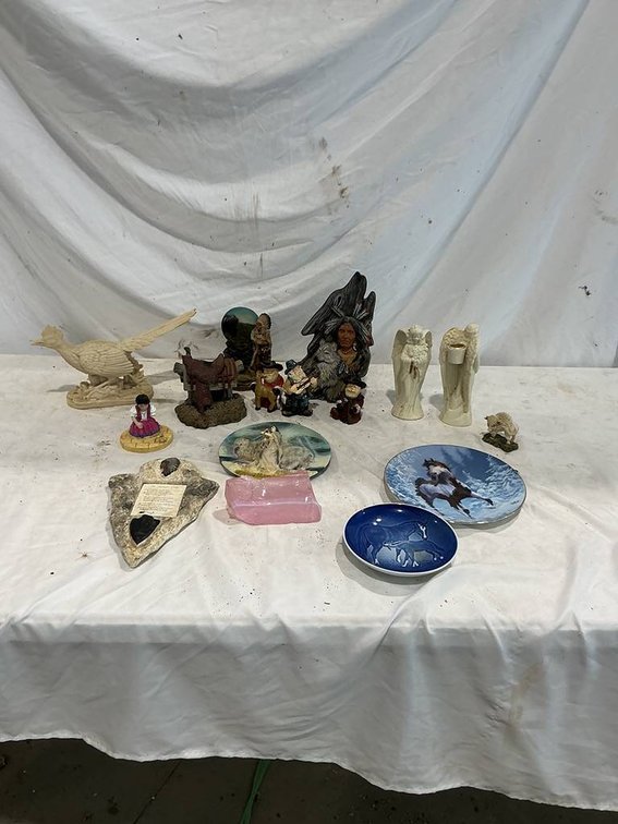 Set of 2-plates from Chuck Dahaan and Copenhagen Porcelain, 2- White Ceramic Angel Candle Holders, 2-Indian Figurines, 1- Roadrunner Figurine, and more