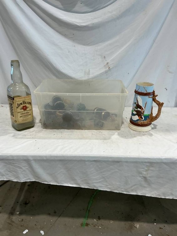 Large Collection of Shot-Glasses, Vintage Ceramic Duck Beer Stein, Large Jim Beam Bottle, 3- Vintage Siesta-Ware Amber Glass Cowboy/Western Barrel Mugs