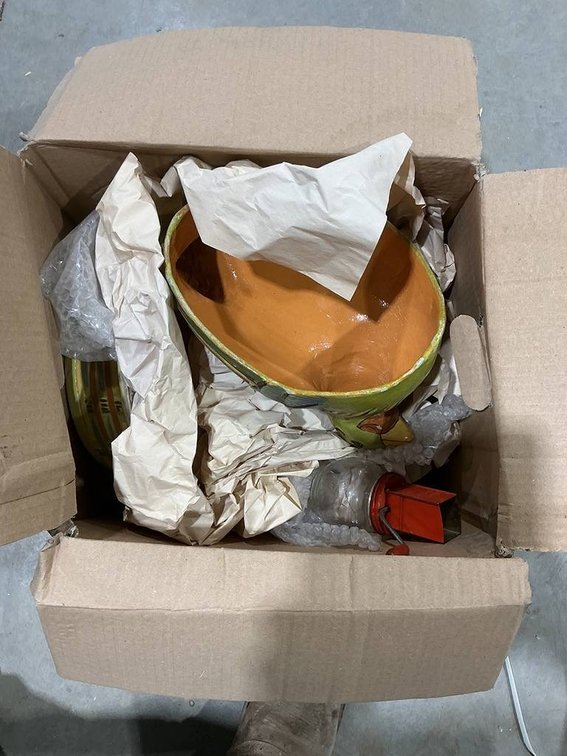 Box contains Ceramic Chicken Cookie Jar, and more vintage decorative pieces
