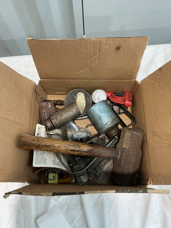 Box Containing Gauges, Hammer, Oil Bottles, Pull Fork, and more