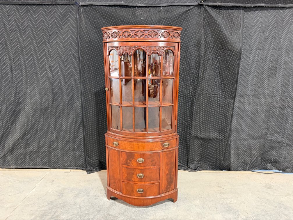 Vintage Hespler Curved-Glass Corner China Cabinet