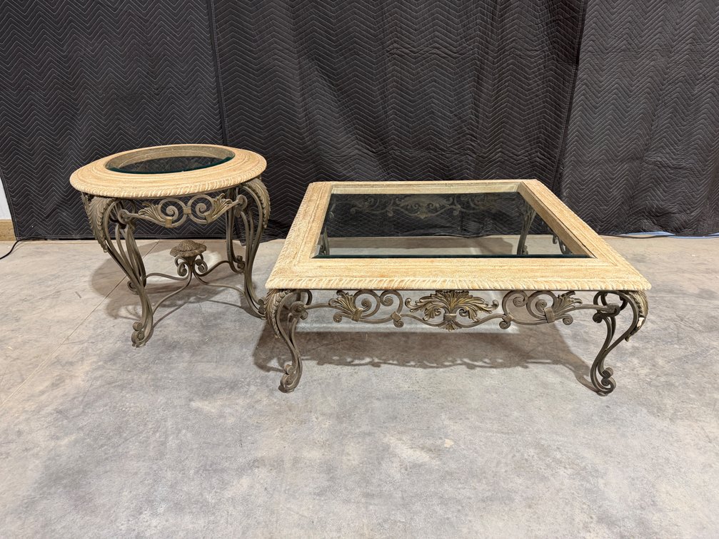 (2) Wrought Iron, Concrete and Glass Coffee Tables