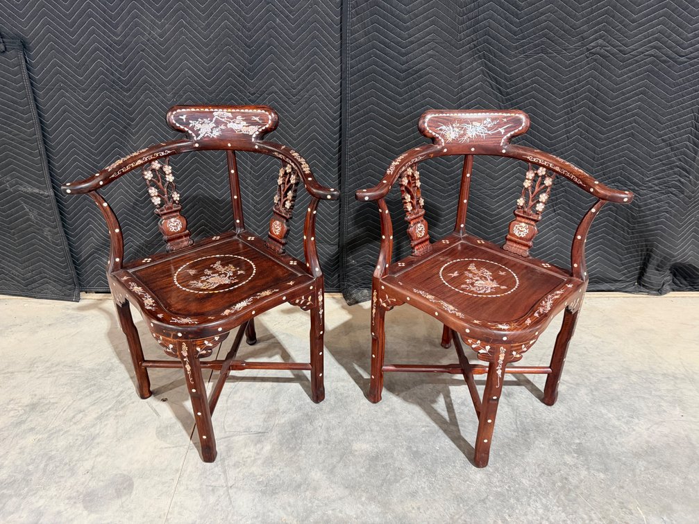(2) Vintage Chinese Carved Rosewood Corner Chairs