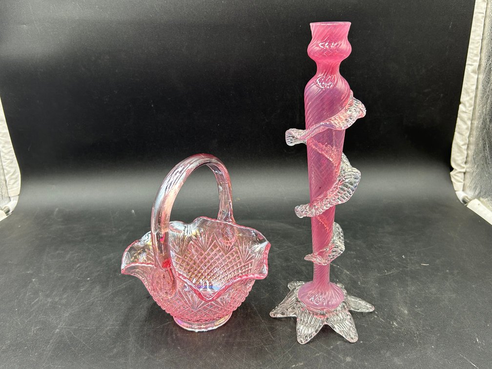 Pink Glass Basket with Antique Vase