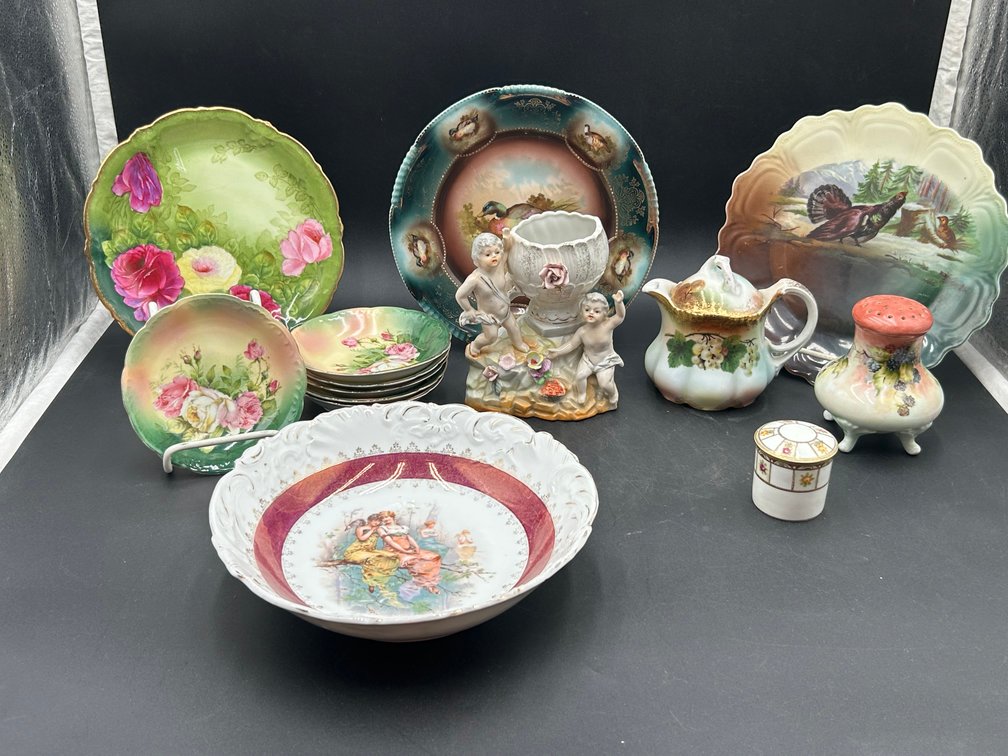 Handpainted Teapot, Bowls, & Figurine