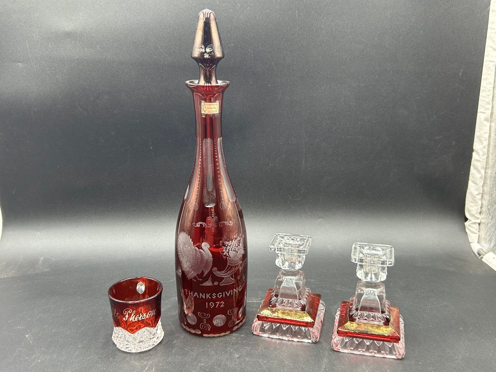 Etched Red Glass & Decanter with Candleholders