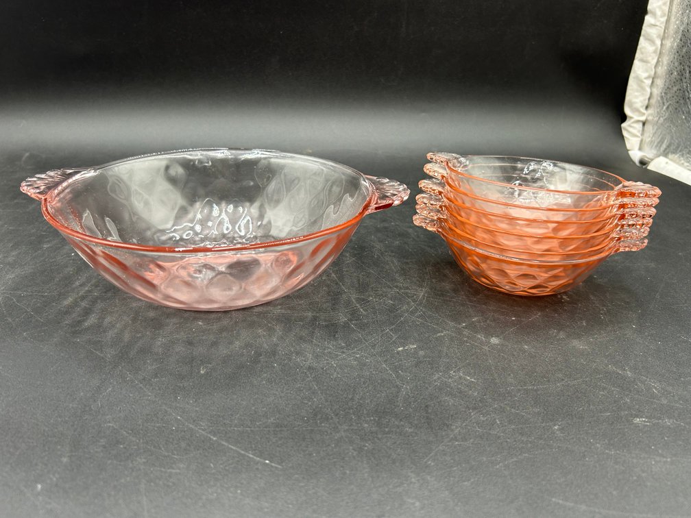 Pink Glass Berry Bowl with Individual Bowls