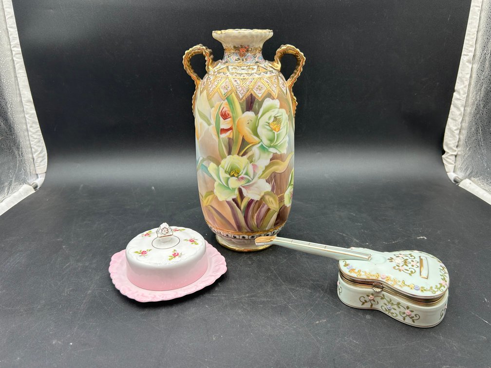 Handpainted Vase, Butter Dish, & Trinket Box