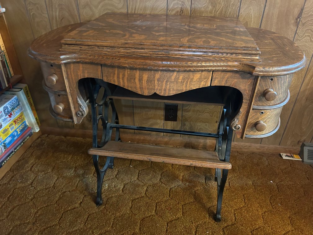 Vintage Sewing Machine Tiger Oak Cabinet with Cast Iron Base