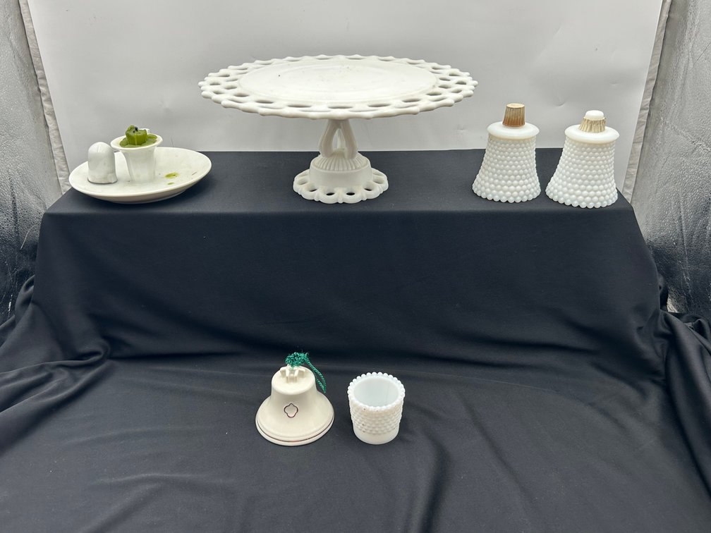 Milk Glass Cake Stand, Bell, & Votive Holder