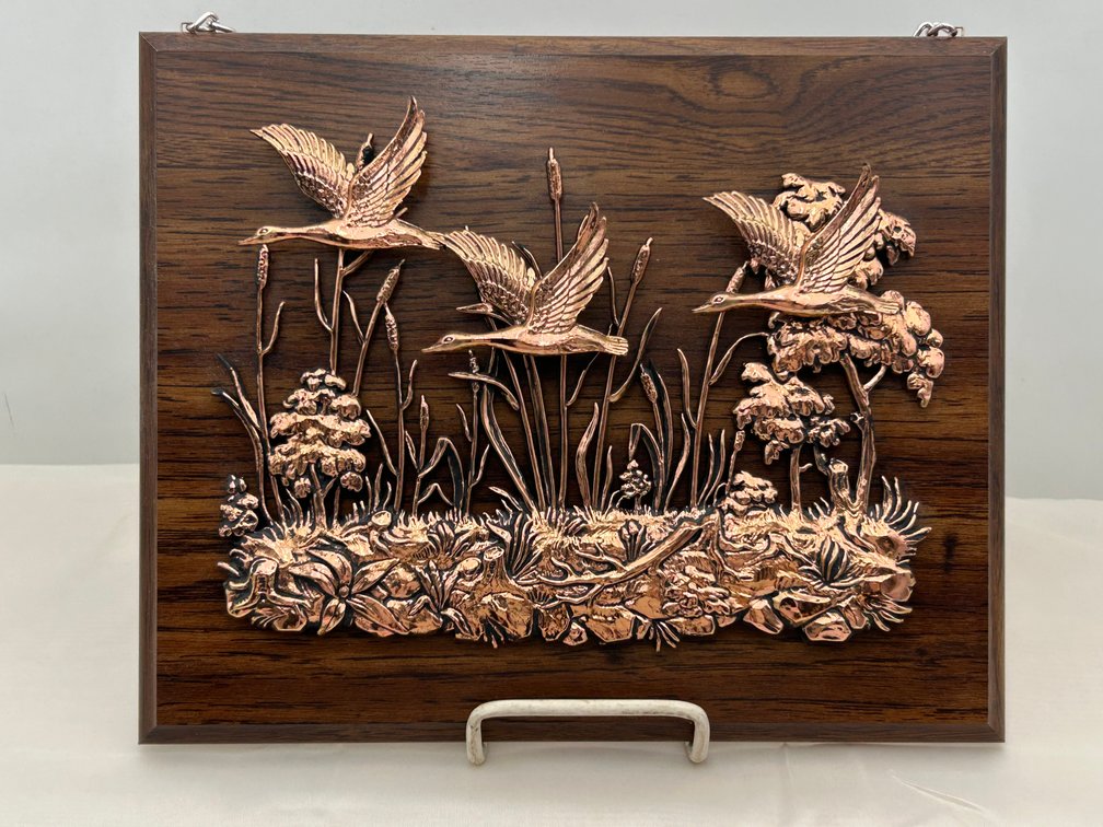 Wood Wall Hanging with 3D Raised Copper Geese