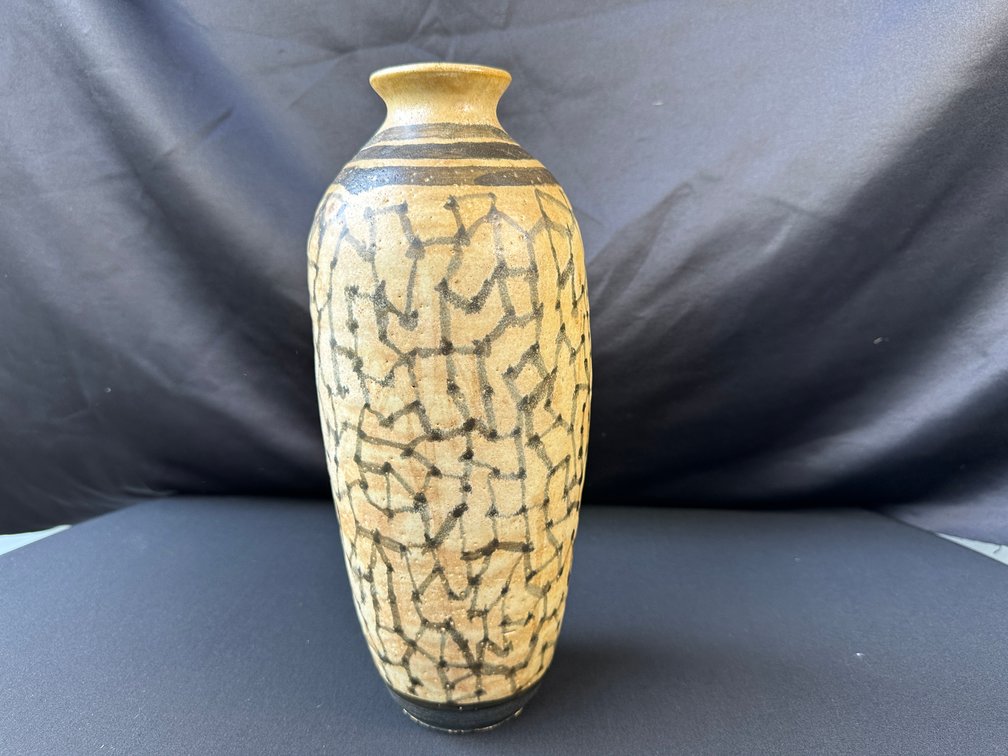 Studio Pottery Tapered Ceramic Vase with Geometric Pattern