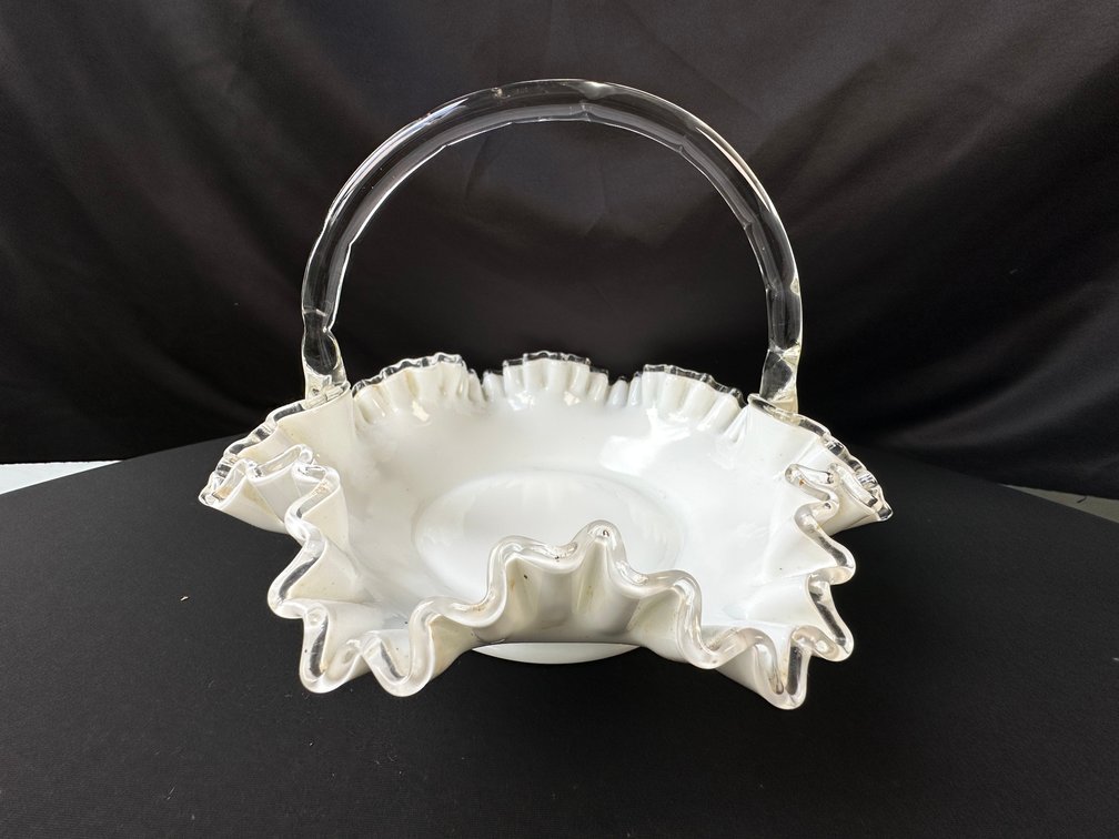 Fenton White Milk Glass Ruffled Basket with Clear Handle