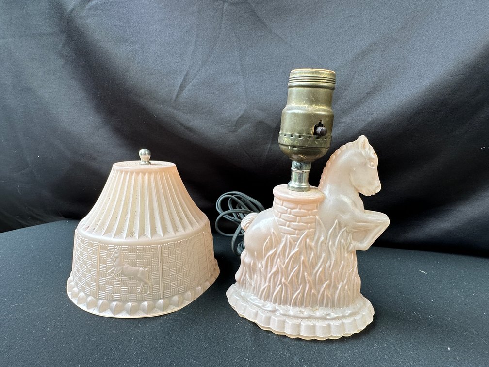 Frosted Pink Glass Horse Lamp with Shade