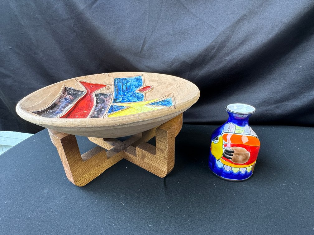 Ceramic Bowl on Wooden Stand and Miniature Vase