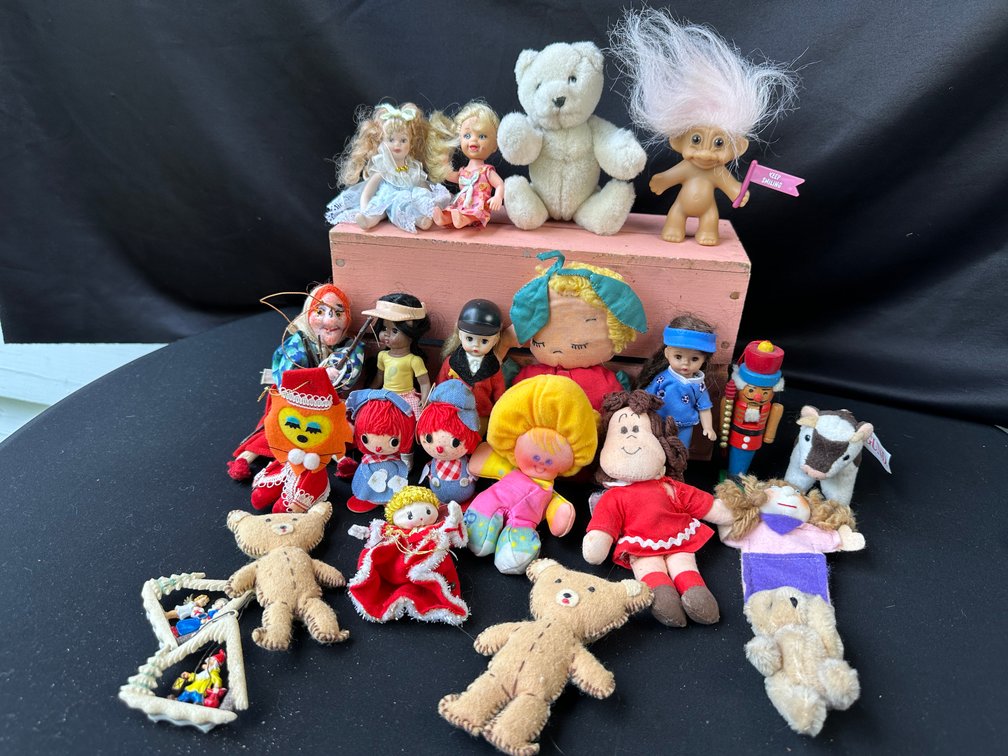 Miniature Dolls, Plush Toys, and Figures with Wooden Crate