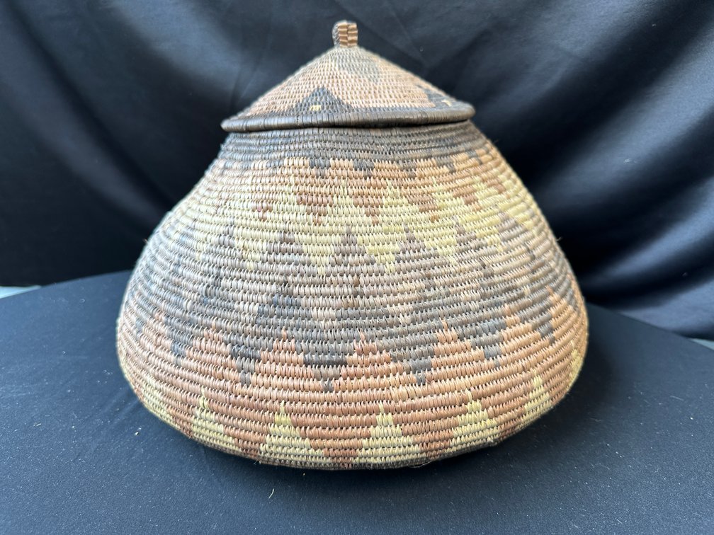 Coiled Woven Lidded Basket with Geometric Pattern