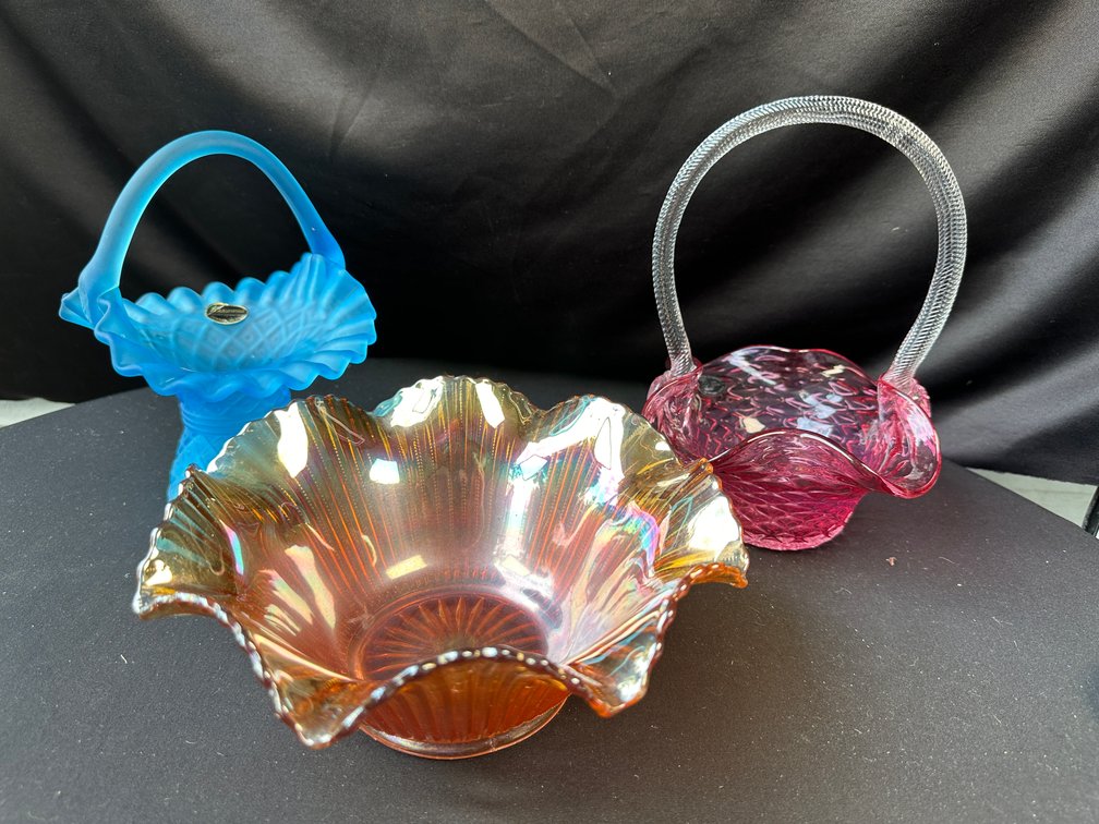 Glass Baskets and Marigold Carnival Glass Bowl