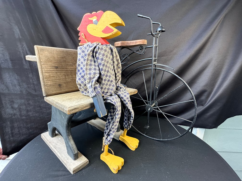 Folk Art Bird Figure, Miniature Bench, and Bicycle Model