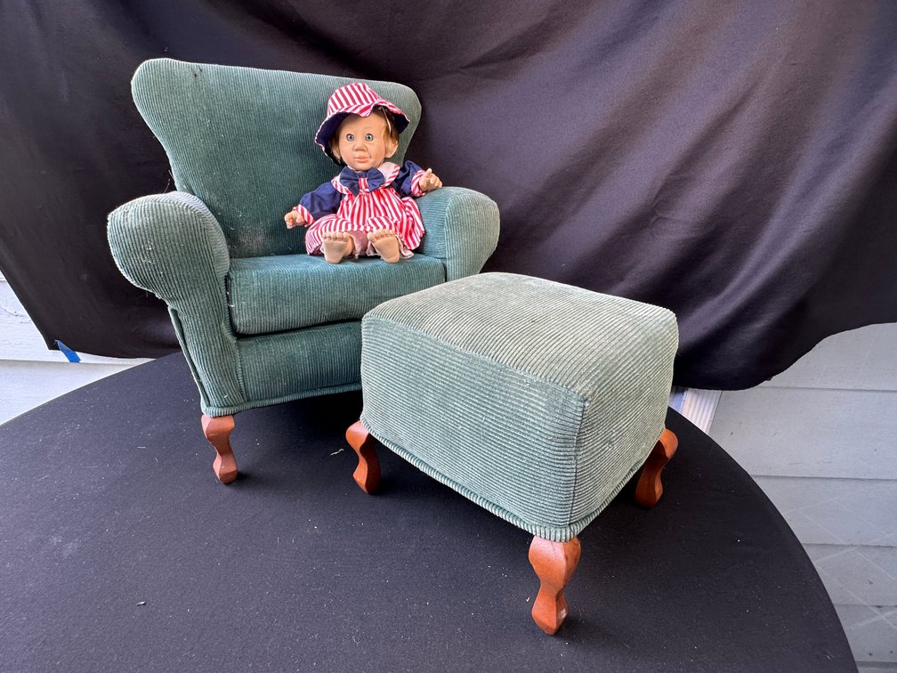 Miniature Green Corduroy Armchair, Ottoman, and Doll