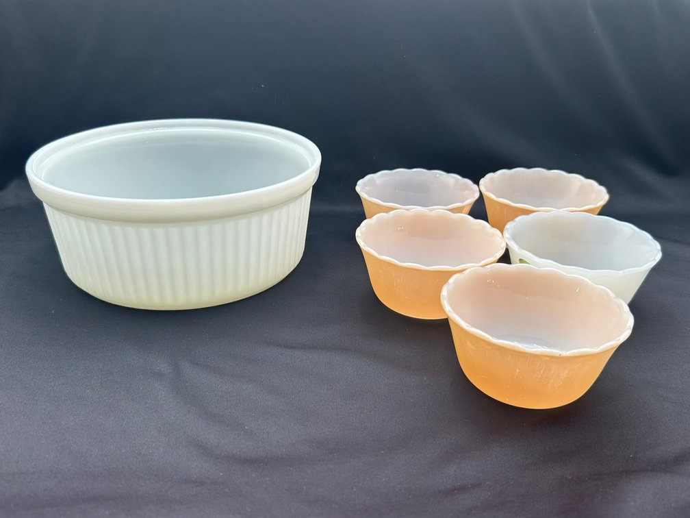 Anchor Hocking Souffle' Dish with Fire King Custard Cups