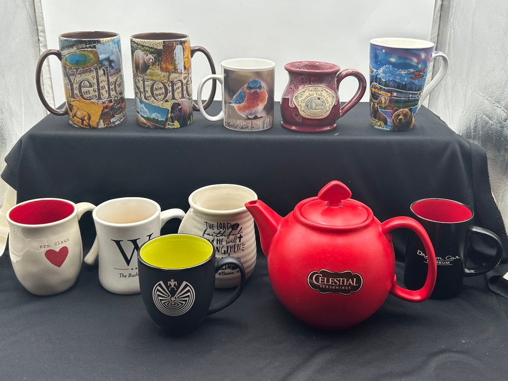 Variety of Coffee Mugs & Teapot