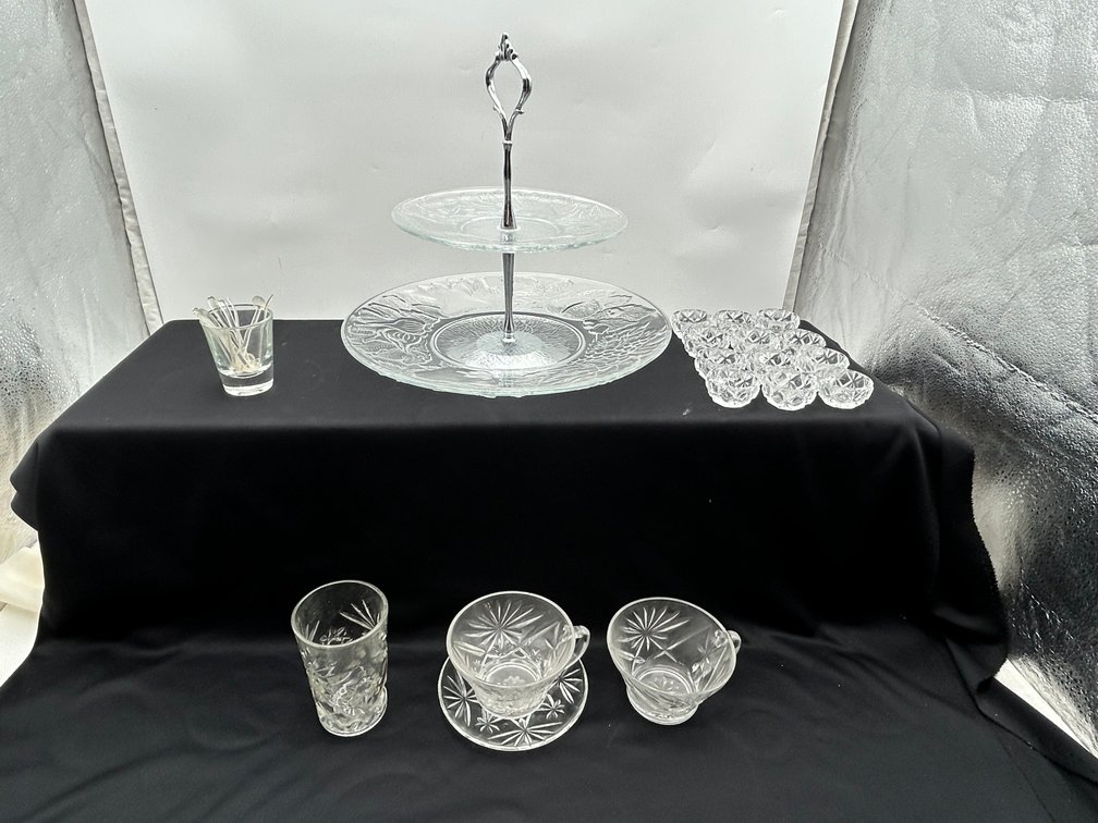 Tiered Stand, Cups, Plate, & Salts with Spoons