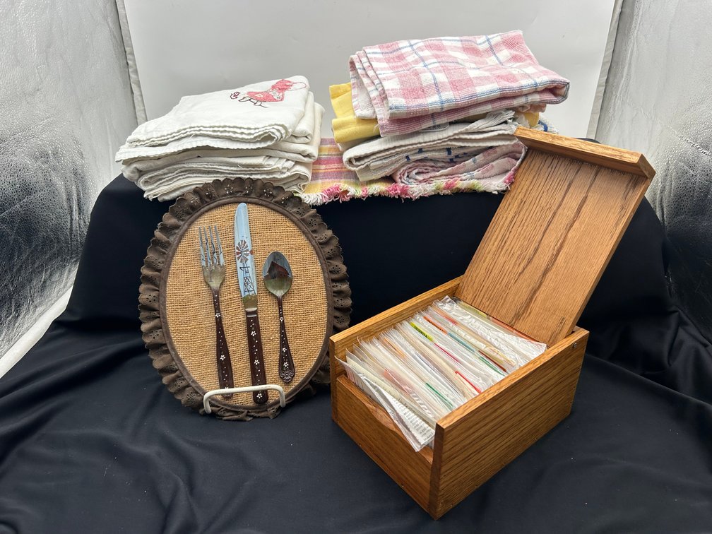 Recipe Box, Painted Flatware, Tea Towels,  Placemats
