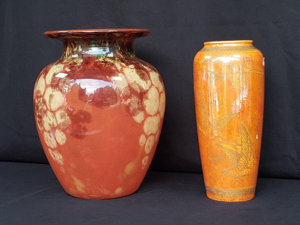 Mottled Orange Glazed Ceramic and Glass Vases