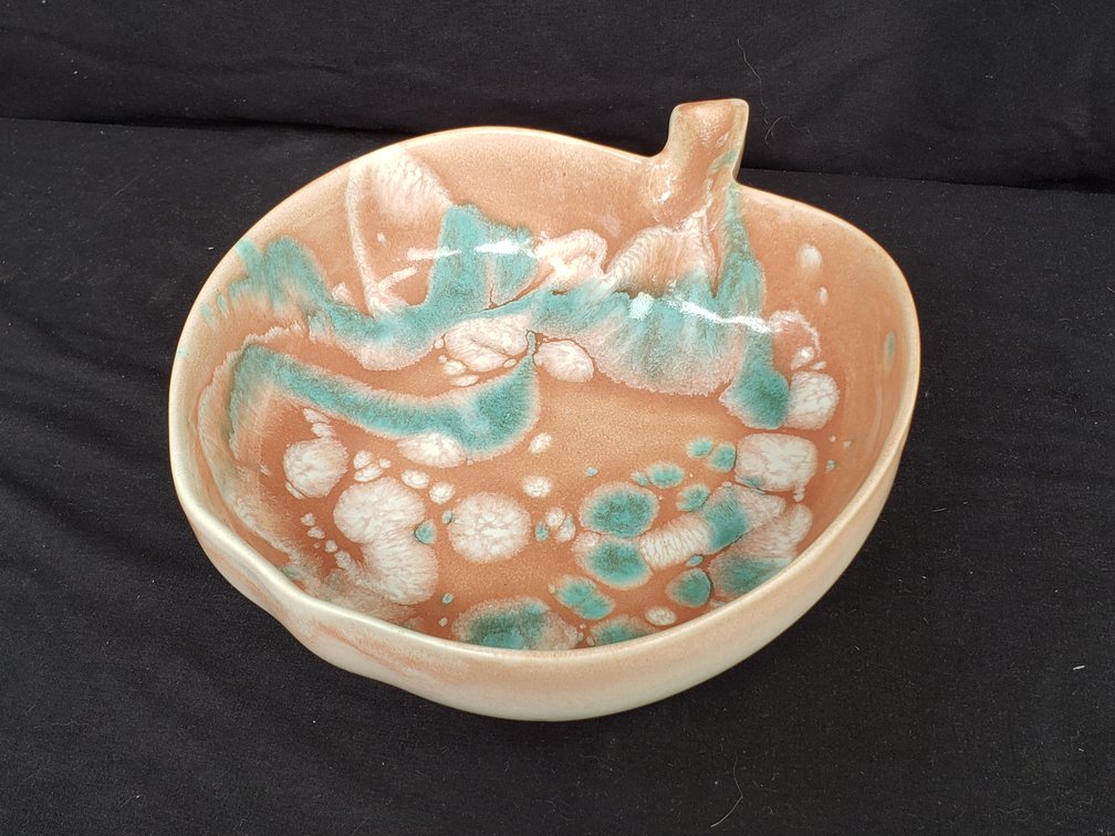 Drip Glazed Ceramic Apple Bowl and Handled Dish