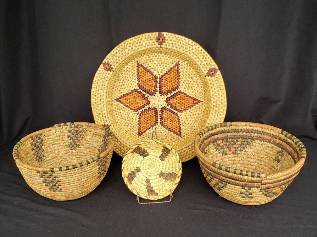 Four Woven Coiled Fiber Baskets and Plaques